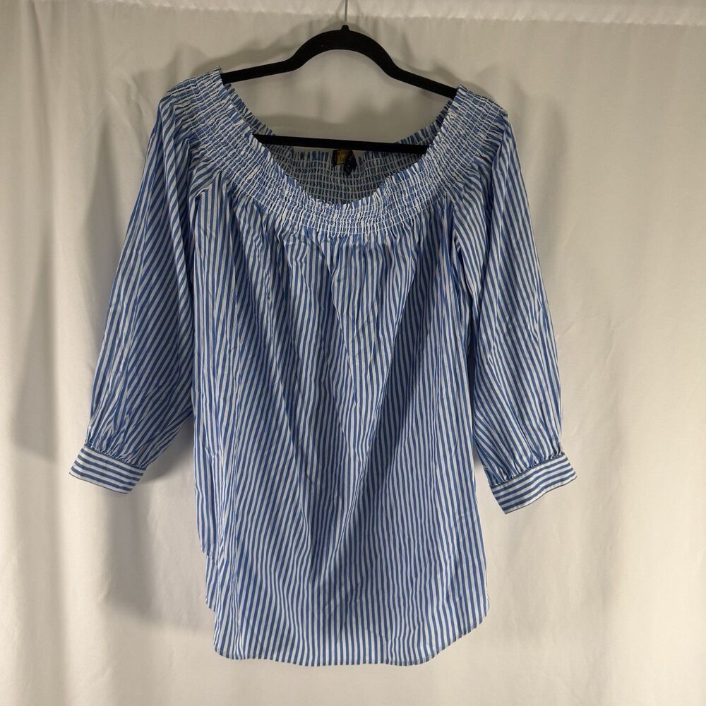 Polo Ralph Lauren Blouse Womens Large Blue WHite Striped Off the Shoulder Cotton